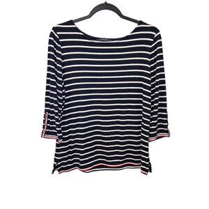 Tommy Hilfiger Women's M Blue White Striped Long Sleeve Pullover Knit Top  2304